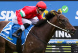 Jockey in red silks and helmet riding a dark brown horse with a blue number 2 cloth during a race.