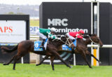 Two jockeys race thoroughbreds on a grassy track, one green and white silks ahead of a red-silkd competitor, with race signage in the background