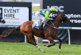 Jockey in neon green and blue silks riding a galloping brown racehorse with number 3 saddlecloth on a racecourse backdrop