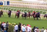 Foxed-on-a-horse-race: a field of jockeys racing around a grassy track with railings and a cheering crowd in the foreground. scoreboard visible in top-left corner.