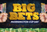 Large gold 3D letters saying 'BIG BETS' held by hands with Australian banknotes, celebrating Mornington Cup Day.
