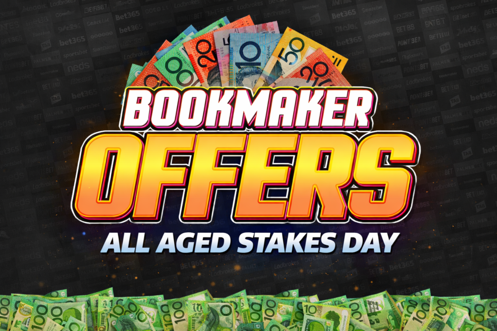 Promotional banner for a bookmaker offer with large yellow-orange 'OFFERS' text and money graphics, advertising 'All Aged Stakes Day'