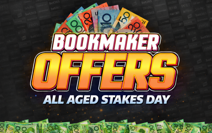 Promotional banner for a bookmaker offer with large yellow-orange 'OFFERS' text and money graphics, advertising 'All Aged Stakes Day'