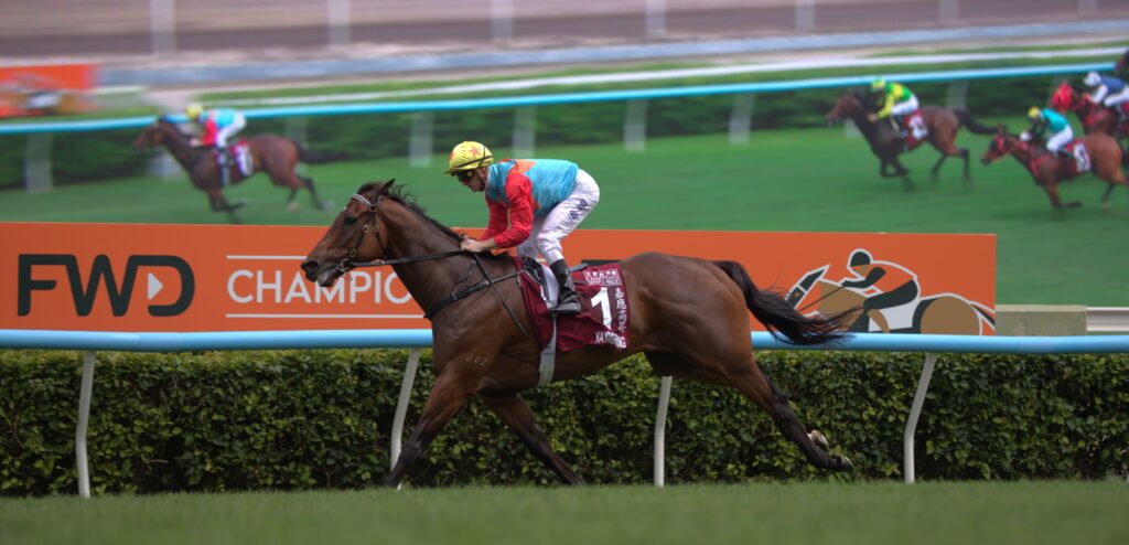 Leading brown horse with jockey in red sleeves and blue vest sprinting along the rail; orange sponsor banner to the side.