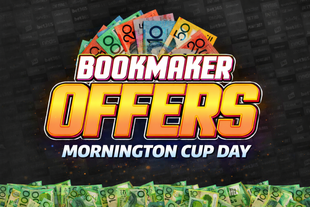 Bright promotional banner reading 'BOOKMAKER OFFERS' for Mornington Cup Day, with scattered Australian banknotes in the background.