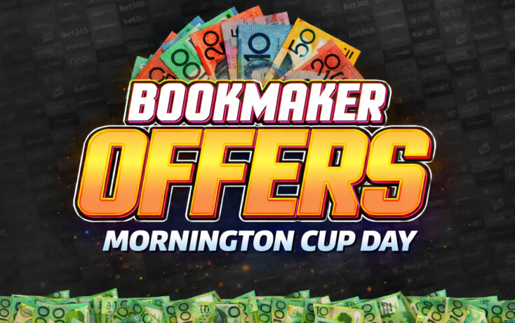 Bright promotional banner reading 'BOOKMAKER OFFERS' for Mornington Cup Day, with scattered Australian banknotes in the background.