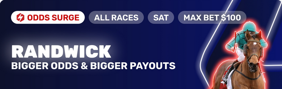 Banner ad for Odds Surge promoting Randwick: bigger odds and bigger payouts, with a jockey on a horse.