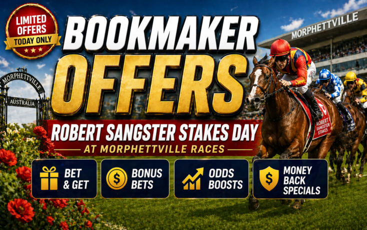 Promotional banner for bookmaker offers with a horse race scene and bold 'OFFERS' text at Morphettville races, Robert Sangster Stakes Day.