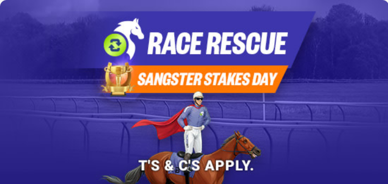 Race Rescue Sangster Stakes Day banner with a jockey on a horse, blue track backdrop, and 'T's & C's apply' text visible.