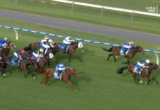 Horse race on a grassy track with multiple jockeys in colorful silks competing for the lead, blue and white rails along the course.
