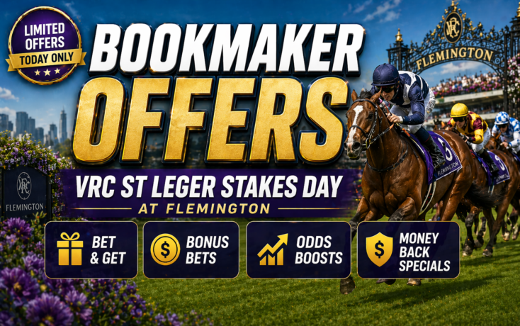 Promotional banner for Bookmaker Offers at Flemington, featuring a horse race and bold gold 'OFFERS' text and race day details.