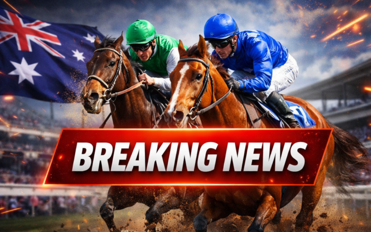Breaking News banner stretches across a dramatic horse race as two jockeys race front-on on a muddy track, kicking up dirt with an Australian flag in the background
