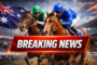 Breaking News banner stretches across a dramatic horse race as two jockeys race front-on on a muddy track, kicking up dirt with an Australian flag in the background