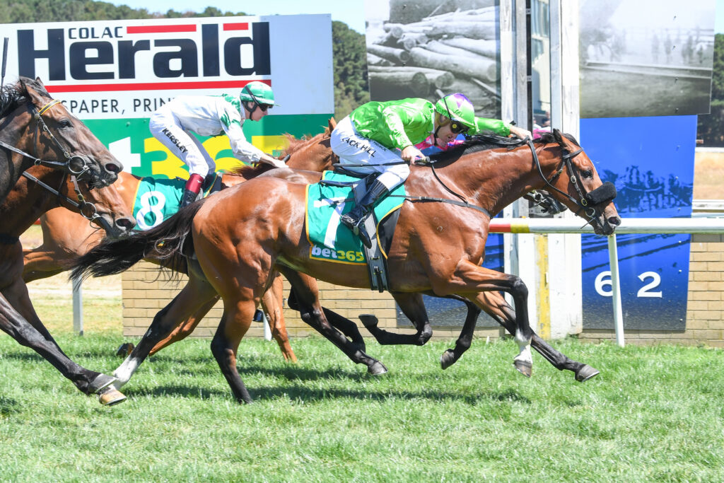 Horse race in progress with jockeys in green and white silks riding brown horses on a grassy track; leading horses near a barrier and advertising boards in the background.