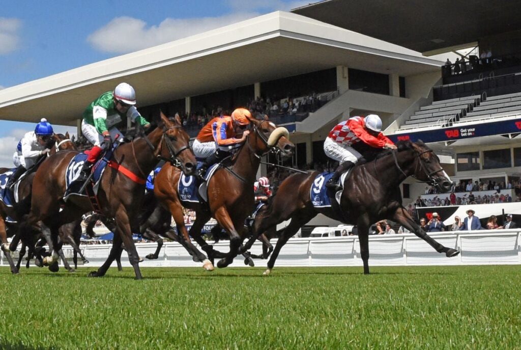 Multiple racehorses and jockeys sprint toward the finish line on a sunny day, colorful silks flashing.