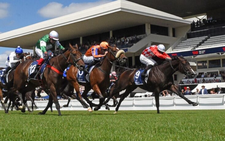 Multiple racehorses and jockeys sprint toward the finish line on a sunny day, colorful silks flashing.