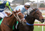 Two jockeys race side by side on their horses during a close horse race, wearing colorful helmets and silks.