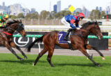 Two jockeys race their horses on a sunny track with a city skyline in the background, mid-gallop.