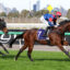 Two jockeys race their horses on a sunny track with a city skyline in the background, mid-gallop.