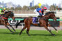 Two jockeys race their horses on a sunny track with a city skyline in the background, mid-gallop.