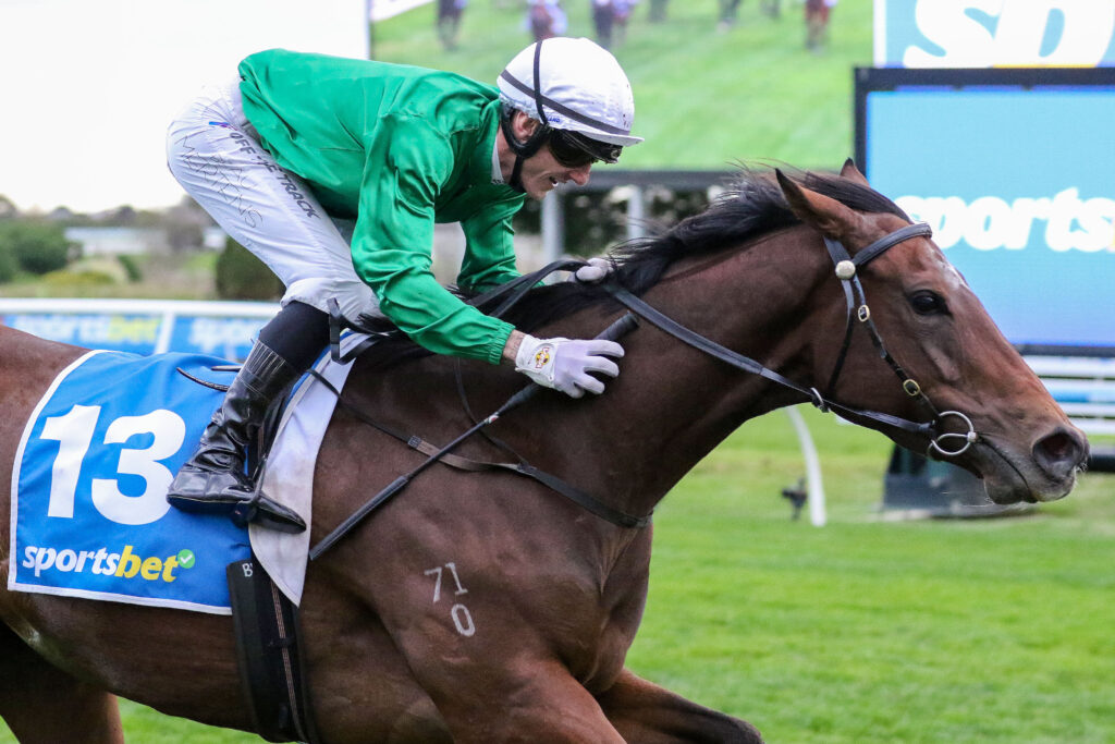 Jockey in green silks and white helmet rides a brown horse with a blue saddlecloth labeled 13 during a race at the track.