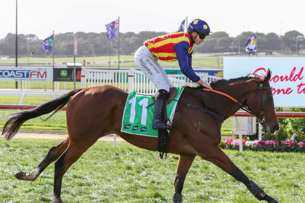 Jockey in red-yellow-blue silks riding a brown horse with a green number cloth on a sunny racetrack.