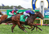 Jockeys and horses sprinting side by side on a grassy racetrack, leaning forward in a close race near the finish line.