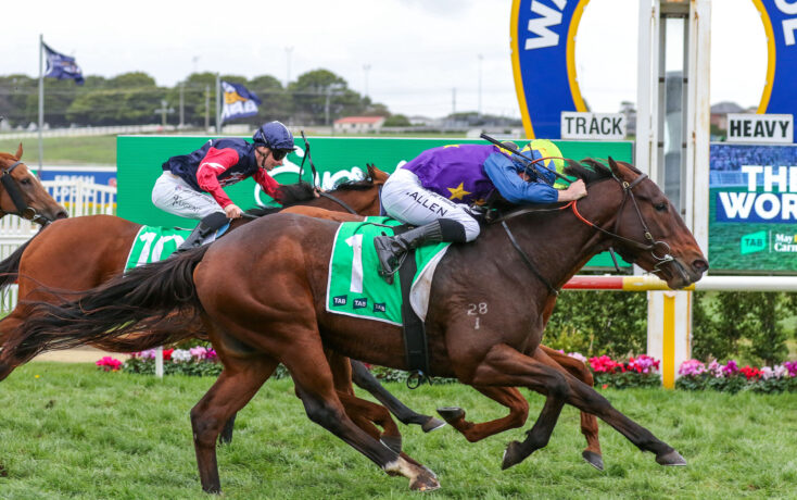 Jockeys and horses sprinting side by side on a grassy racetrack, leaning forward in a close race near the finish line.