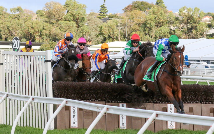 Jockeys and horses jump over a hurdle in a horse race, colorful silks visible against a backdrop of trees and blue sky.