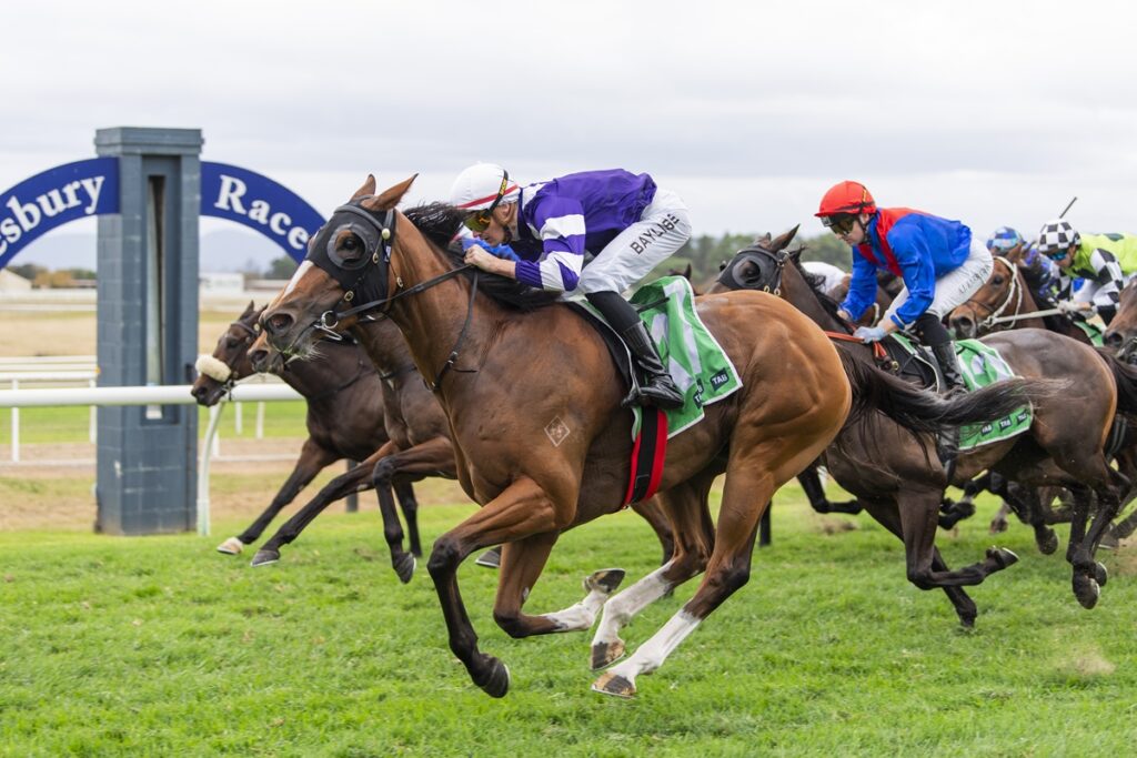 2294688.jpg | Just Horse Racing Horses and jockeys sprinting on a green turf track during a race, close behind the lead horse.