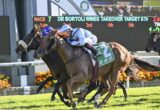 Three racehorses neck-and-neck down the track, jockeys leaning forward in a photo finish moment with a scoreboard in the background.] ,Not good--Oops