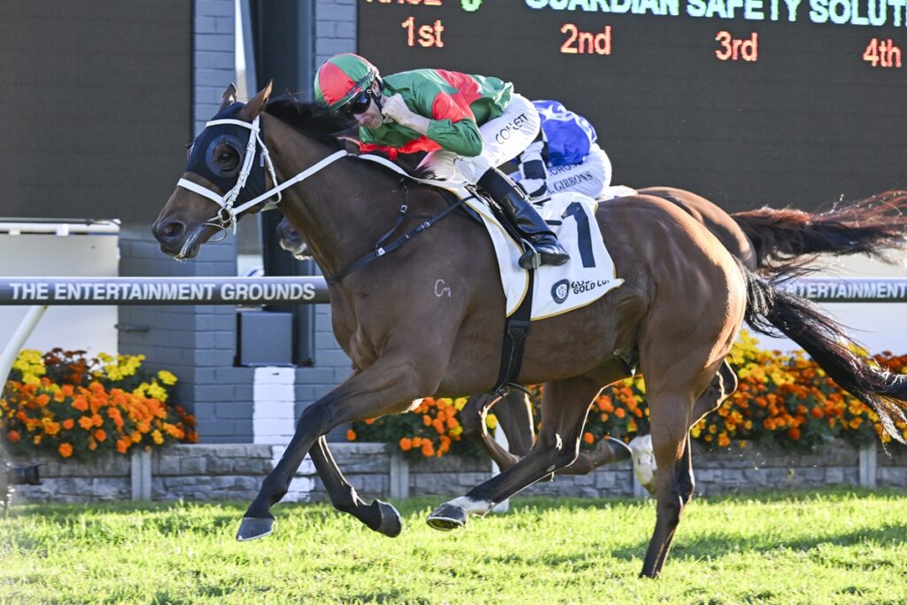 Brown racehorse and jockey in green and red silks sprint toward the finish on a racetrack with flowers along the rail