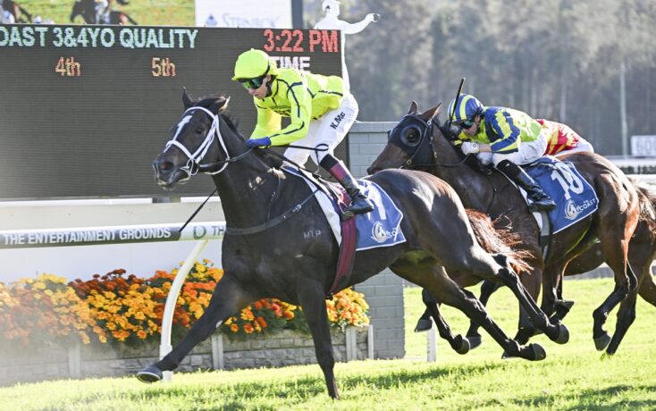 Leading jockey in neon yellow silks on a black horse, sprinting to the finish as two rivals race close behind.