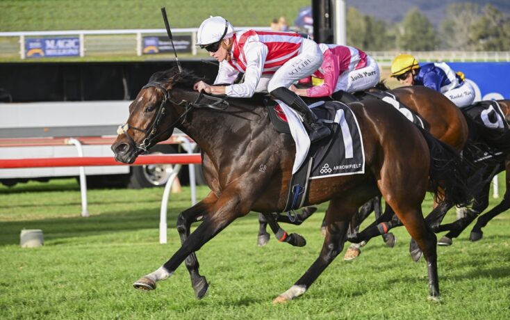 Jockey in white and red silks on a dark brown horse sprinting on a grassy racecourse, leading a pack of rivals.