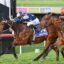 Two jockeys push their thoroughbred horses to the finish line in a tight race; the leading horse wears a blue Darley saddlecloth and white-and-blue silks.