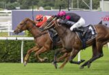 Two jockeys ride sprinting horses neck-and-neck on a grassy turf racecourse; one saddlecloth shows the number 1.