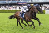 Two jockeys ride fast on a grassy racecourse, the brown horse in white-and-blue silks leading ahead of a dark horse with a crowd and grandstands behind them.