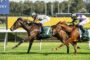 Two jockeys sprint to the finish on a grassy racecourse, leading horse with green saddlecloth and plaid jacket.