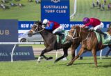 Two jockeys race their horses on a green turf track at the Australian Turf Club, with blue signage in the background.