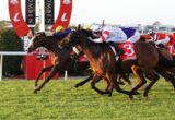 Horses and jockeys sprinting side by side in a crowded horse race on a green track with red fences and banners in the background
