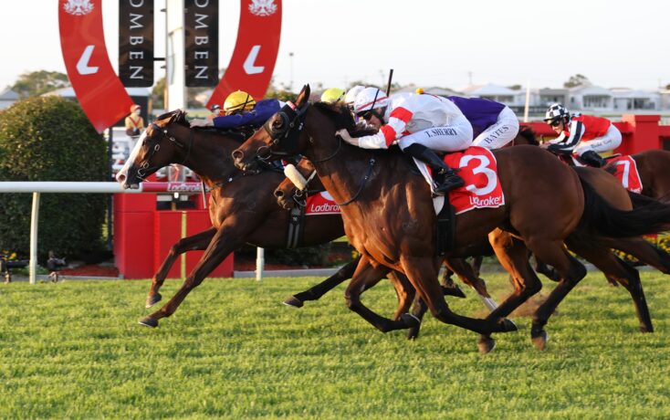 Horses and jockeys sprinting side by side in a crowded horse race on a green track with red fences and banners in the background