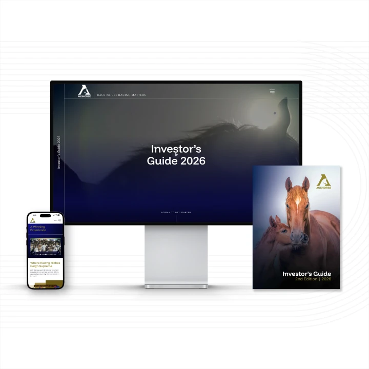 Desktop monitor displays 'Investor's Guide 2026' with a horse-themed brochure to the right and a smartphone on the left showing a mobile site.