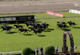 Horse race on a green turf track with jockeys urging their horses toward the finish line, banners along the railing visible in the background.