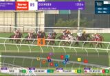 Horse race on a turf track with jockeys in colorful silks, a large orange '4' marker, and crowd of horses nearing a rails bend; overlay signs show race info at top and bottom bars.
