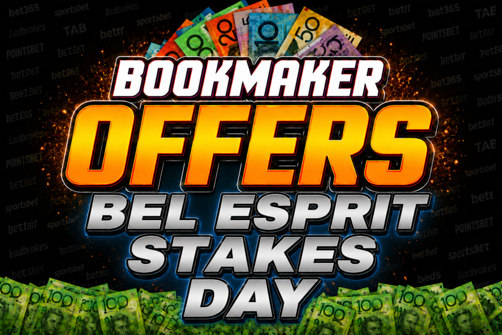 Bel Esprit Stakes day at Eagle Farm Races Betting Sites:Apps Offers, Free Promo Codes and Bonuses | Just Horse Racing Promotional banner: 'Bookmaker Offers Bel Esprit Stakes Day' with bold orange lettering and scattered banknotes in the background.