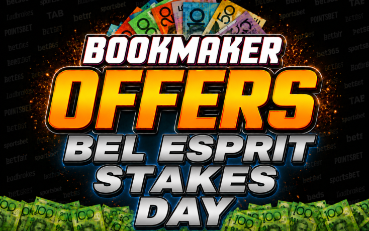 Promotional banner: 'Bookmaker Offers Bel Esprit Stakes Day' with bold orange lettering and scattered banknotes in the background.