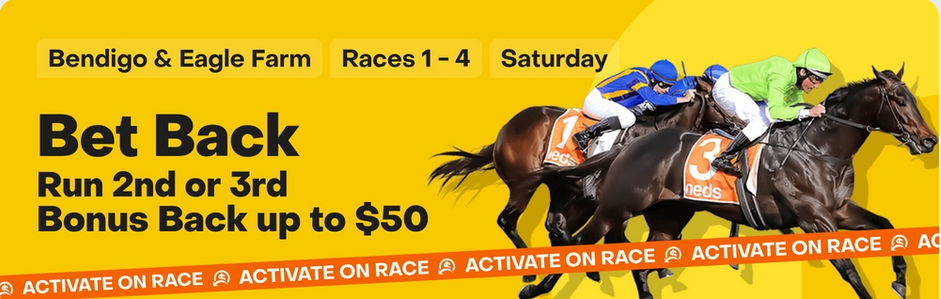 Bendigo & Eagle Farm Bet back | Just Horse Racing Bright yellow racing promo banner: Bendigo & Eagle Farm Races 1β4 Saturday, Bet Back up to for 2nd or 3rd, with orange βActivate on Raceβ strip.