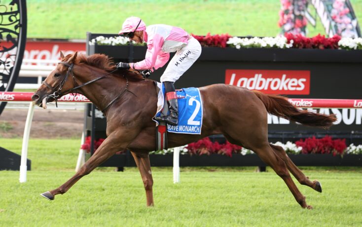 Jockey in pink and white silks on a brown horse racing along a track with Ladbrokes banners in the background.
