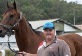 Man in a gray polo holding a lead attached to a brown horse at a stable outdoors.