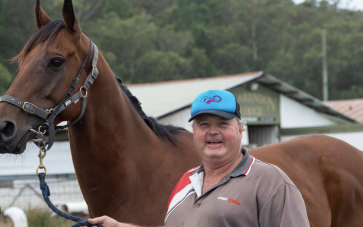 Man in a gray polo holding a lead attached to a brown horse at a stable outdoors.